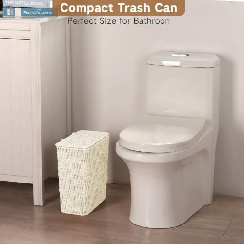 iEGrow Paper Rope Trash Can,Bathroom Trash Can with Lid, 3 Gallon Wicker Waste Basket with Removable Liner, for Bedroom, Living Room, Toilet, Under Sink Creamy White - Image 2