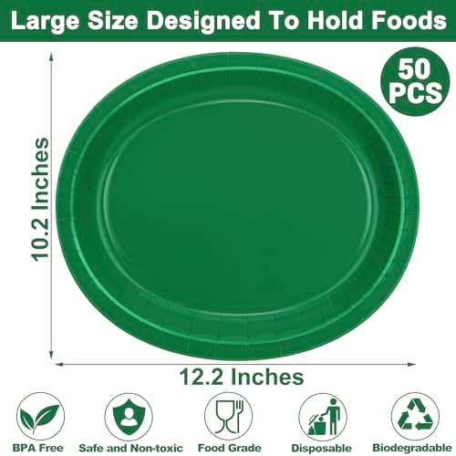 50 Pack Green Paper Plates Disposable Oval Dark Green Party Dinnerware Set - Image 2