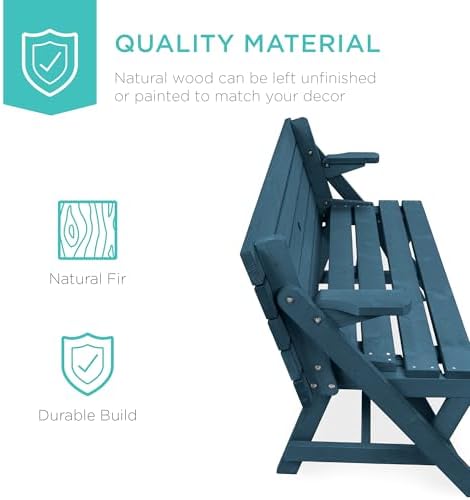 Best Choice Products 2-in-1 Transforming Interchangeable Outdoor Wooden Picnic Table Garden Bench for Backyard, Porch, Patio, Deck w/Umbrella Hole - Harbor Blue - Image 3