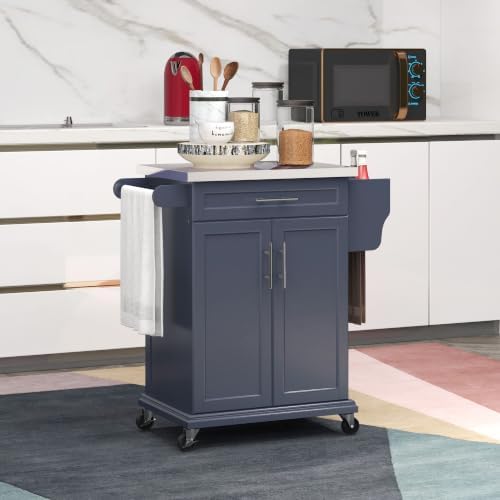 HOMCOM Kitchen Island on Wheels with Stainless Steel Countertop Deep Blue - Image 2