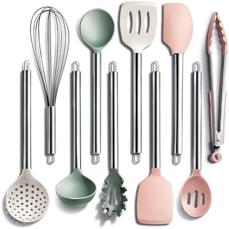 COOK WITH COLOR Silicone Cooking Utensils, Kitchen Utensil Set, Easy to Clean Silicone Kitchen Utensils, Cooking Utensils for Nonstick Cookware, Kitchen Gadgets Set, 10 Pieces, Mint by CookwithColor