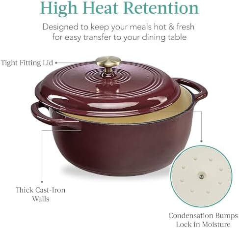 Best Choice Products 7.5 Quart Enamel Cast-Iron Round Dutch Oven, Family Style Heavy-Duty Pre-Seasoned Cookware for Home, Kitchen, Dining Room, Oven Safe w/Lid, Dual Handles - Cabernet Red - Image 5