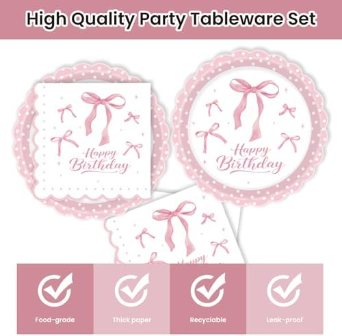 40Pcs Pink Bow Plates and Napkins Party Supplies, 9 Inch Disposable Pink Birthday Plates and Napkins Tableware Set for Bridal Engagement Baby Shower Coquette Birthday Decorations Serve 20 - Image 3