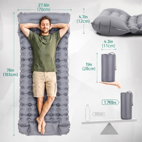 Overmont Ultralight Camping Sleeping Pad with Pillow, Built-in Foot Pump - Image 3