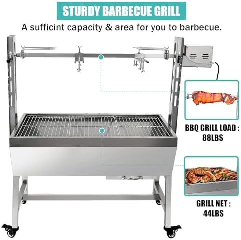 37" Electric Rotisserie Grill, Pig Lamb Spit Roaster Stand Rotisserie 132 Lbs Capacity With Adjustable Height, BBQ Charcoal Rotisserie Grill Kit Stainless Steel For Outdoor Party Camping - Image 3