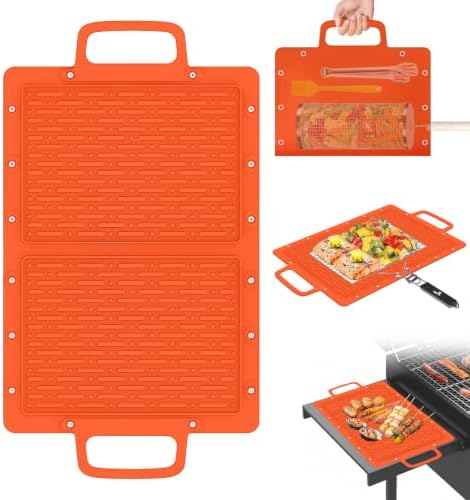 Portable Outdoor Silicone Grill Mat, Foldable Heat-Resistant Table Mat & BBQ Side Shelf Tool Pad with Snap Buttons, Converts into Storage Bag for Utensils and Food, Food-Grade, Non-Slip(Orange) by Eptchn