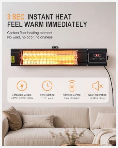 Carbon Ffiber Patio Heater, 1500W, IP65 Approved, Odorless, Wall-Mounted Heater with Remote, 15 Second Fast Heater Indoor/Outdoor for Patio, Restaurant, Backyard, Garage, Decks - Image 2