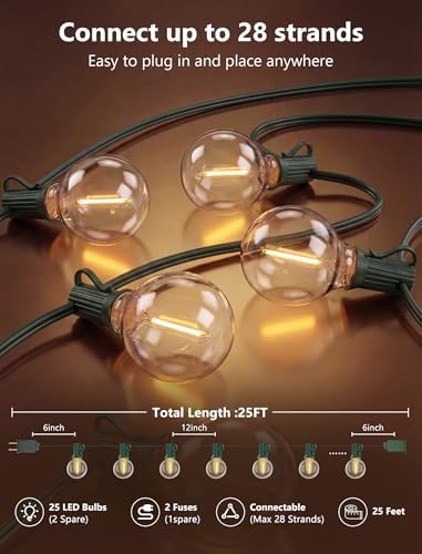 25FT LED Outdoor Christmas String Lights Waterproof, Hanging G40 Globe Patio Lights with 27 LED Shatterproof Warm White Bulbs, Outdoor Christmas Decorations Light for Wedding Party Backyard, Green - Image 2
