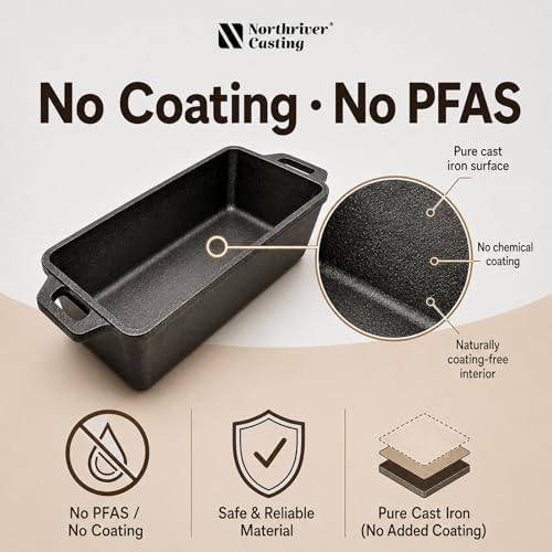 Northriver Casting 9×5 Inch Cast Iron Loaf Pan with Lid | Bread Baking Pan | Even Heat Distribution for Homemade Bread, Cake, and Meatloaf | 2 Piece Set - Image 4