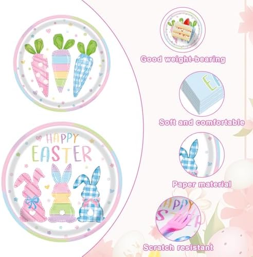 96 Pieces Happy Easter Party Tableware Set – Bunny & Carrot Pastel Design Disposable Plates, Napkins, and Pink Forks for Egg Hunt, Spring Classroom Event, or Holiday Celebration - Image 3