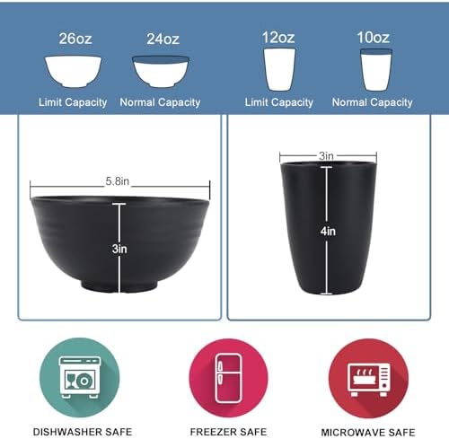 Wrova Wheat straw dinnerware sets of 40-10 inches plates,9 inches plates,6inches snack plate,26oz bowls,12oz cups - Unbreakable plates and bowls sets microwave safe and dishwasher safe. Black - Image 3