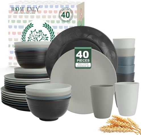 Homienly Premium 40 PCS Wheat Straw Dinnerware Set - Dinner Plates, Cereal Bowls, Unbreakable Cups Set, Microwave and Dishwasher Safe Dishes Set, Reusable Lightweight Dish Sets for Kitchen(Black Grey) by HOMIENLY