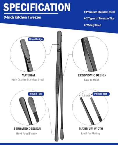 JETKONG 2 Pcs 9-Inch Food Tweezer Tongs, Stainless Steel Kitchen Tweezer Cooking Tweezers (Black) - Image 2