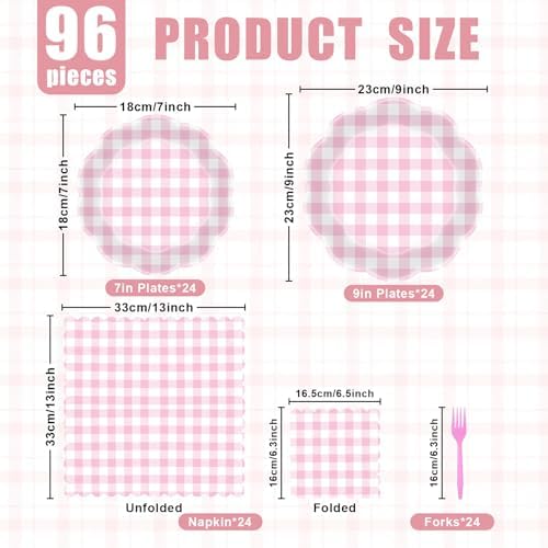96 Pieces Pink Gingham Party Tableware Set – Scalloped Edge Checkered Paper Plates, Napkins and Pink Forks Disposable Dinnerware for Baby Shower, Picnic, Birthday, Tea Party and Summer Party Supplies - Image 2