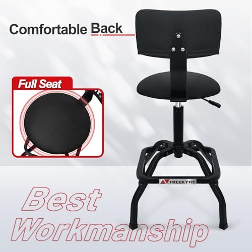 Shop Stool with Backrest, Mechanic Garage Stool for Workshop, Adjustable Shop Stools Chair, Padded Workbench Stools for Men Women, 300 LBS Capacity, 360° Swivel PVC Seat, Heavy Duty, Black - Image 6