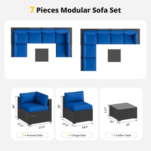 Aoxun Patio Furniture Set, 7 Piece Outdoor Sectional Sofas with Think Cushions, Wicker Rattan Outdoor Furniture Patio Conversation Set for Backyard, Garden Navy Blue - Image 6