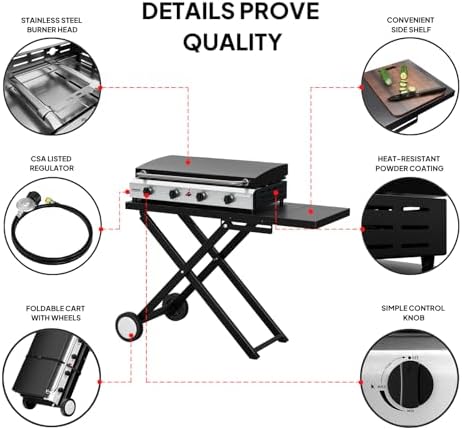 Bonnlo Foldable Flat Top Grill with 4 Burner & Lid, Powerful 40,000 BTU Propane Gas Grills with Ignition, Enamel Griddle, Side Shelf & Portable Cart with Wheels for Outdoor Camping Hibachi Grill Use - Image 4