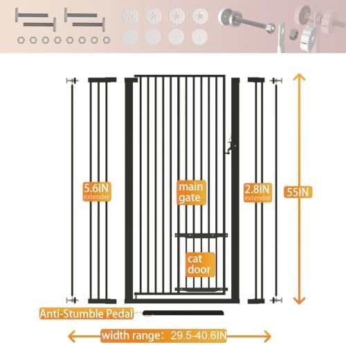 55.11" Extra Tall Cat Gate 29.5-40.6 Wide Pet gate for Doorway Pet Gate with Cat Doors NO Drilling Pressure Mount Kit for Cats and Dogs Indoor Doorways liveing Room Bedroom-Black - Image 5