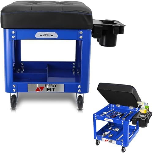 Rolling Creeper Garage Shop Seat for Men, Padded Mechanics Stool with Tool Tray Storage for Garage, Rolling Workshop Stool with Wheels, Auto Creeper Seat, 330 LBS Capacity, Heavy Duty, Blue by FreekyFit