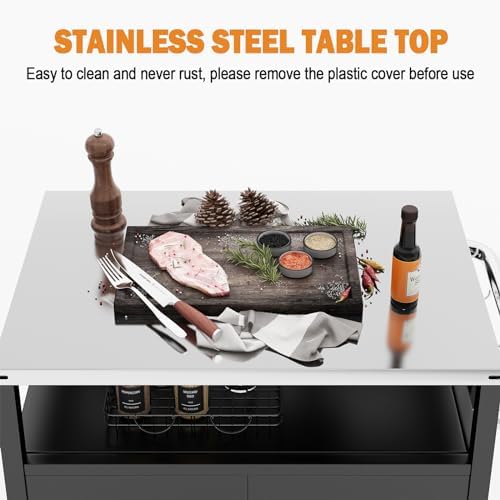 Outdoor Grill Cart with Storage Cabinet Stainless Steel Prep Stand with Storage Cabinet and Wheels Movable Whole Portable Table Outdoor Rolling Prep Station Kitchen Island Pizza Oven Table for Garden - Image 4