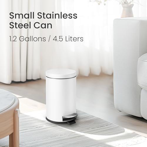 Cesun Small Round Bathroom Trash Can with Lid Soft Close, 1.2 Gal, White - Image 2
