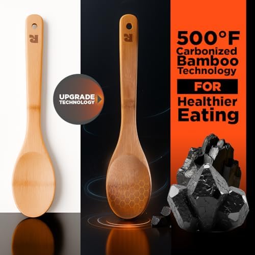 Riveira Dark Bamboo Wooden Spoons for Cooking 6-Piece, Apartment Essentials Wood Spatula Spoon Nonstick Kitchen Utensil Set Premium Quality Housewarming Gifts for Everyday Use - Image 5