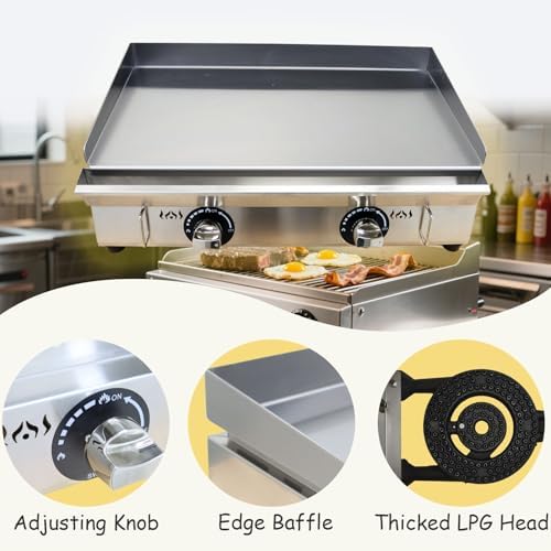 INTSUPERMAI Commercial Grill Griddle LPG Countertop Griddle Flat Top Grill Hot Plate Stove Stainless Steel Teppanyaki Grill Plate Size 28.94×16.14inchfor Restaurant Kitchen Camping Outdoor BBQ 2800Pa - Image 4