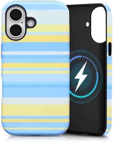 for iPhone 16 Case, Magnetic Matte Frosted Dual-Layer Striped Phone Case for Women, Retro Aesthetic Cover Compatible with Mag Safe Accessories - Sea Salt Lemon by YKCZL