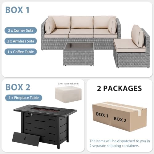 Shintenchi 6 Piece Outdoor Patio Furniture Set with 43 Inch Propane Fire Pit, Washable Cushions, Glass Coffee Table, Waterproof Cover & CSA Certified for Backyard Poolside, Silver PE Rattan/Khaki - Image 7