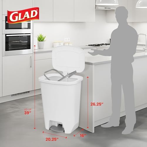 Glad Kitchen Trash Can 20 Gallon | Large Plastic Waste Bin with Odor Protection of Lid | Hands Free with Step On Foot Pedal and Garbage Bag Rings, 20 Gallon, White - Image 2