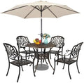 VINGLI 5-Piece Cast Aluminum Outdoor Patio Dining Set with 9ft Umbrella, Space-Saving Stackable Chairs & Table for Yard, Garden, Porch, Poolside by VINGLI