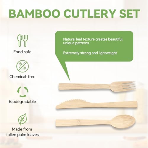 Bamboo Cutlery Set - Wooden Utensils for Eating - Disposable Wooden Cutlery set of 60 (20 Forks 20 Spoons 20 Knives) Bamboo Disposable Utensils - ECO Friendly Compostable Utensil for Party - Image 2