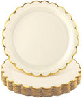 NatNarr 30 Pk Ivory Paper Plates 9" Scalloped Cream Plates with Gold Rim by NatNarr