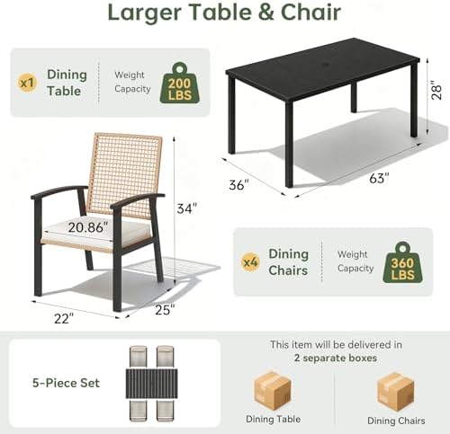 Aoxun 5-Piece Wicker Patio Table and Chairs Set for 4 with Umbrella Hole - Image 4