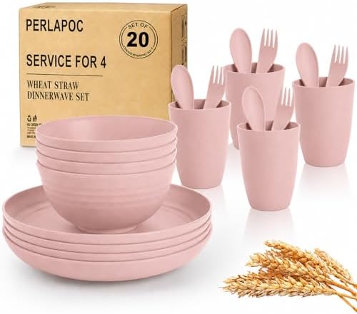 Wheat Straw Dinnerware Sets for 4, 20 Piece Unbreakable Kids Dinnerware Set, Toddler Plates and Bowls Sets, Kitchen Plates and Bowls Set, Lightweight Dish Set for Travel Camping Party - Muted Pink by Perlapoc