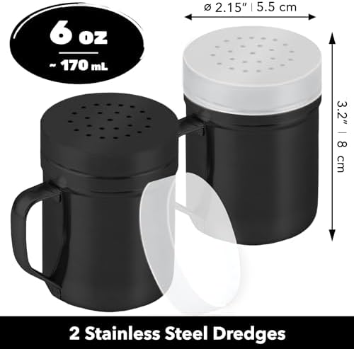 CUSINIUM 6oz Black Stainless Steel Salt Pepper Dredge Shakers - With Plastic Cap - With Handle - Pack of 2 - Image 2