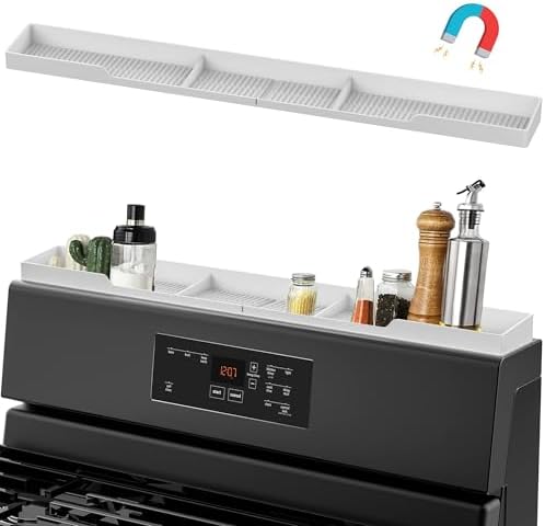 AWOKE Stove Top Shelf 30 Inch - Silicone Material Magnetic Shelf for The Stove - 3 Functional Partitions Kitchen Spice Rack Organizer - White by AWOKE