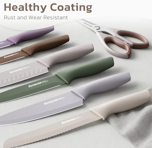 Astercook Knife Set, 13 Pieces Kitchen Knives Set with Healthy Anti-Rust Coating, Dishwasher Safe, Stainless Steel Chef Knife Sets with 6 Blade Guards, Perfect Holiday Gifts for Kitchen Morandi - Image 2