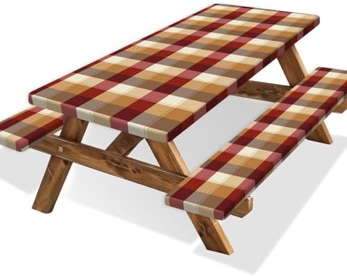 Checkered Style Picnic Table Cover with Bench Covers, Camping Essentials, Plaid Waterproof Windproof, Fitted Tablecloth Cover with Elastic Edge, for Indoor, Outdoor, 3 PCS, 30x96 Inch by Xguatan