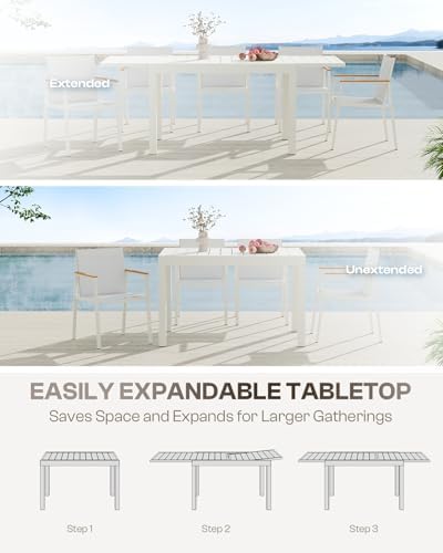 Outdoor Aluminum Patio Dining Table Set for 6 Person, Expandable Outdoor Table and 6 Chairs with Textilene Fabric & HDPS Armrest, All-Weather Patio Furniture Set for Yard, Garden, White - Image 2