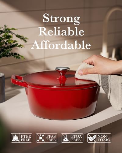 Dutch Oven Pot with Lid, 6QT Cast Iron Pot, Cerise - Image 4
