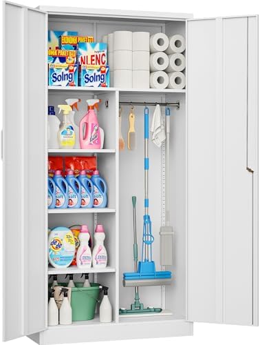 Wide & Deep Metal Storage Cabinet with Hanging Rod,White Broom Closet Storage Cabinet with Lock,72" Tall Wardrobe Cabinets with Doors and Shelves,Locking Steel Tool Cabinets for Home,Office,Garage by SISESOL