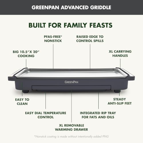 GreenPan Advanced 10.5”x 20” Electric Griddle with Warming Drawer, Ceramic Nonstick PFAS-Free Coating, Temperature Control, Easy and Versatile Countertop Meals, Dishwasher Safe, Graphite - Image 4