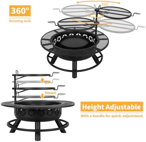 Hykolity 35 Inch Fire Pit with 2 Cooking Grate & Charcoal Pan, Outdoor Wood Burning BBQ Grill Firepit Bowl with Cover Lid, Steel Round Table for Backyard Bonfire Patio Picnic - Image 3