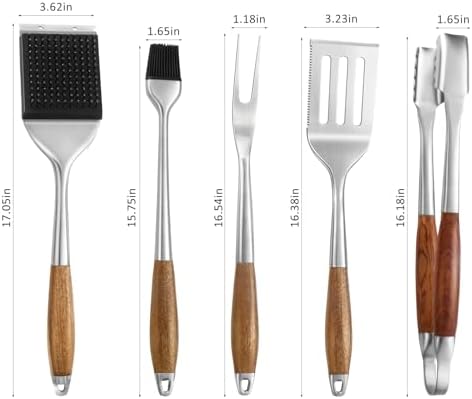 4 pcs Heavy-Duty Rose Wooden BBQ Grilling Tools Set, Extra Thick Stainless Steel Multi-Functional Spatula, Fork, Tong, Cleaning Brush - an Excellent Barbecue Gift for Men - Image 2