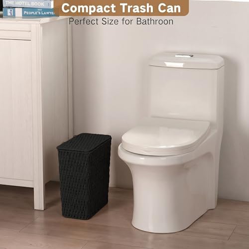 iEGrow Paper Rope Trash Can,Bathroom Trash Can with Lid, 3 Gallon Wicker Waste Basket with Removable Liner, for Bedroom, Living Room, Toilet, Under Sink Black - Image 2