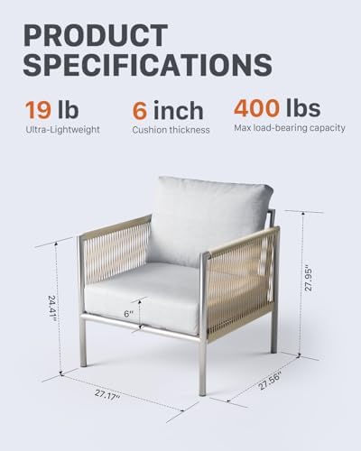 ZANDOR Aluminum Outdoor Patio Furniture 2 Pcs Armchair, All-Weather Metal Modern Outside Furniture with Washable Thick Cushion, HDPE Woven Rope Rattan Bistro Sofa Chair, Garden/Backyard/Porch, Silver - Image 2