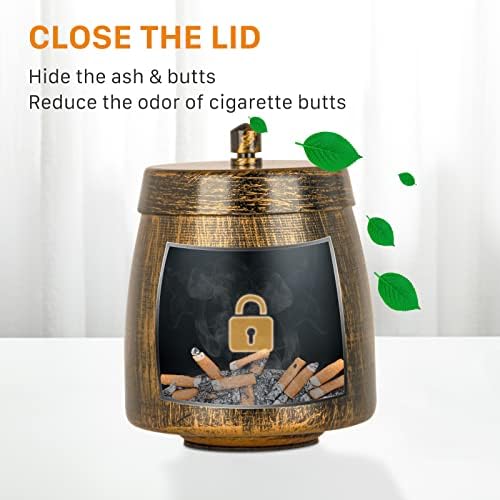Smokeless Ashtray with Lid for Cigarettes Outdoor Indoor, Retro Ash tray Metal Iron Can Copper Vintage Decor,Windproof Rainproof Ashtrays for Outside Patio Home Table Decor (Large,Copper) - Image 3