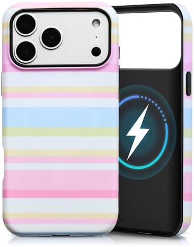 for iPhone 18 Pro Case, Magnetic Matte Frosted Dual-Layer Striped Phone Case for Women, Retro Aesthetic Cover Compatible with MagSafe Accessories - Pastel Dream by YKCZL