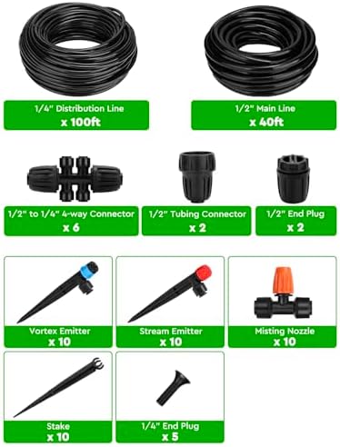 Drip Irrigation System, 40FT 1/2" Mainline & 100FT 1/4" Tubing, with Adjustable Drip Emitters Misting Sprinkler, Efficient Sprinkler System Kit for Flower Bed, Raised Bed, Greenhouse, Lawn - Image 6